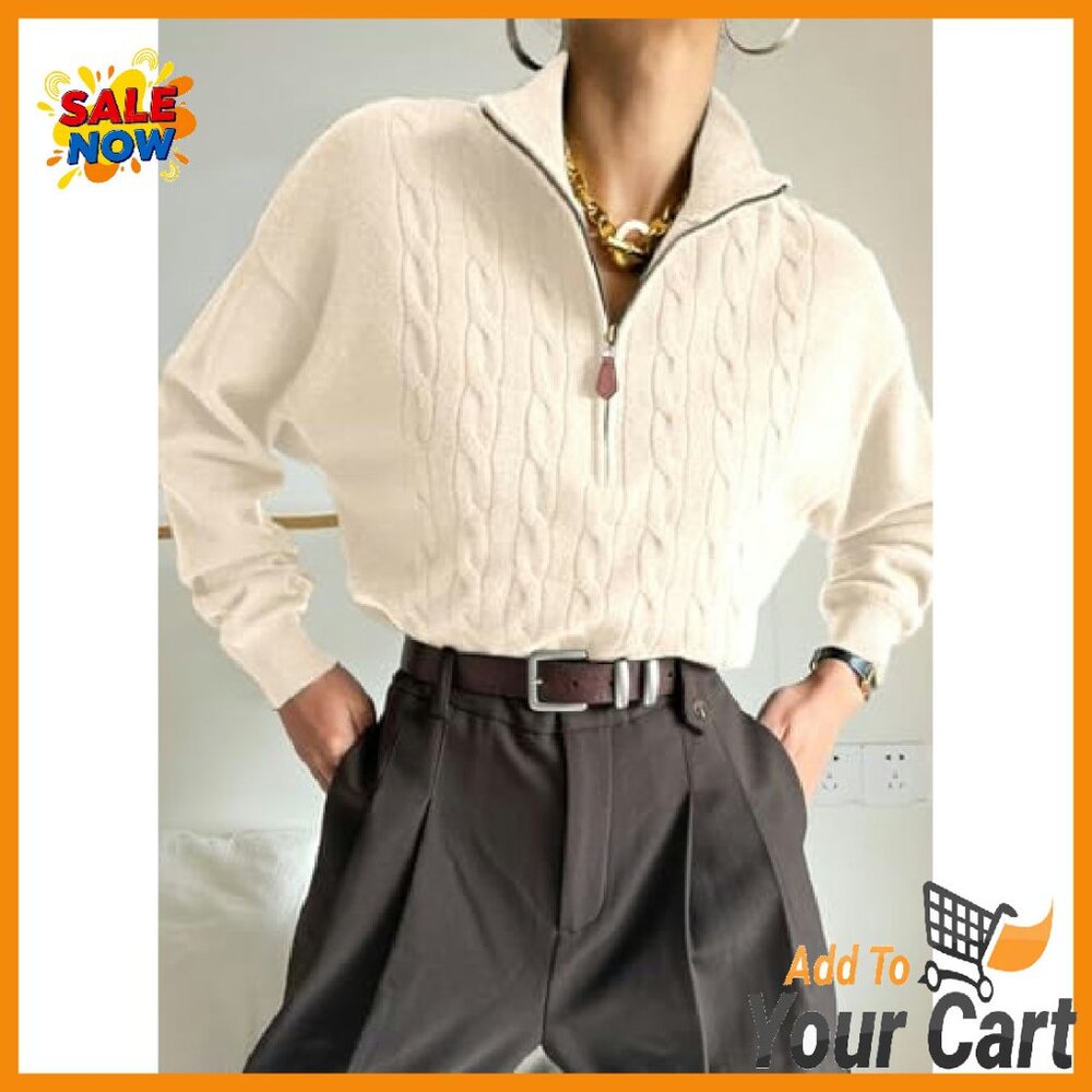 Quarter Zip Ribbed Cable Knit Pullover Sweater - … - image 5